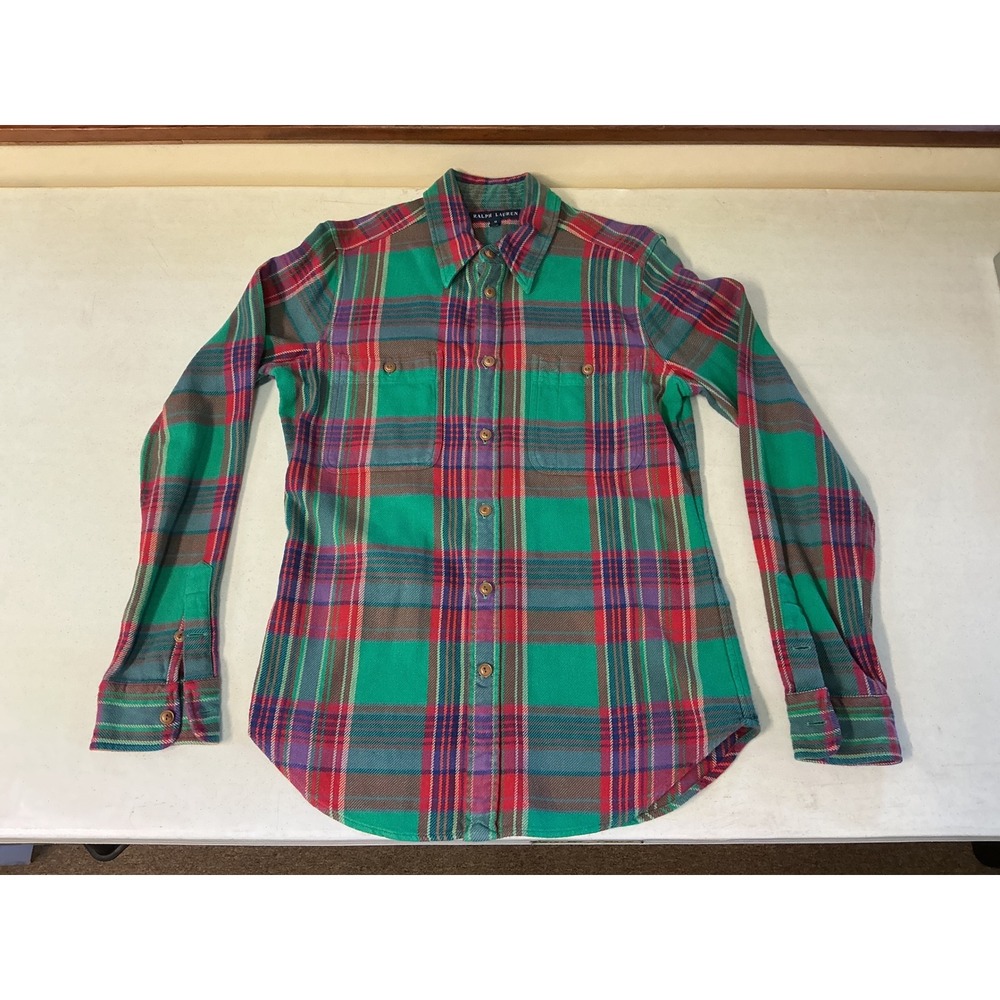 Ralph Lauren Womens Green Red Plaid Flannel Button Down Shirt Size 12